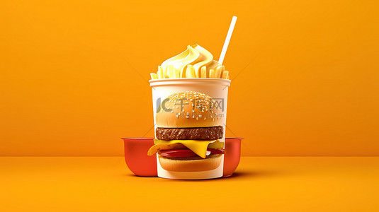 快餐菜单背景图片_3D 渲染汉堡和饮料杯在充满活力的黄色背景