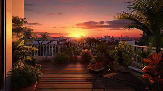 房子平面3d背景图片_3D 插图从屋顶花园欣赏令人惊叹的日落景色