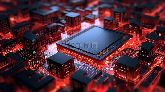 未来派 3D 渲染处理器以红色照亮电子抽象城市板上的网络建筑