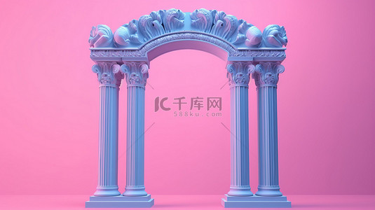 古色门背景图片_永恒的双色调风格古希腊柱拱门，经典蓝色，粉红色背景，3D 渲染
