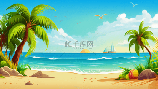椰子保龄球背景图片_夏季卡通海滩风景背景