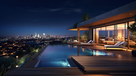 精美的无边泳池和城市夜景 3D 渲染凸显了豪华别墅的外观设计
