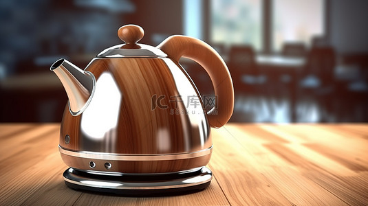 木质桌面上显示的现代电热水壶或时尚茶壶 3D 插图