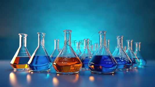 实验室中的化学填充玻璃烧瓶在蓝色背景上以 3D 形式呈现