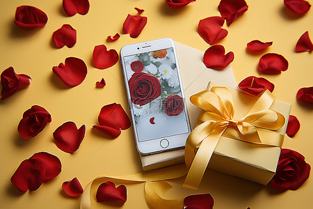 手和心背景图片_情人节花束中的红玫瑰心形盒子蝴蝶结和手机