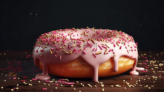 美味的 3D 甜甜圈，涂有粉红色糖霜，并撒上糖晶体