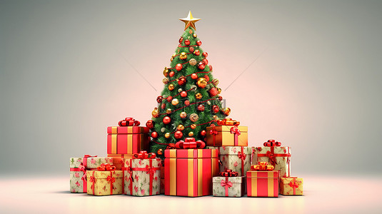 有礼红色背景图片_装饰有红色蝴蝶结和圣诞树的节日礼品盒的 3D 渲染