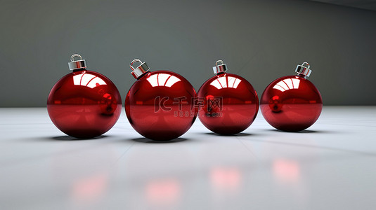 用于节日装饰的四个红色圣诞饰品的 3D 渲染
