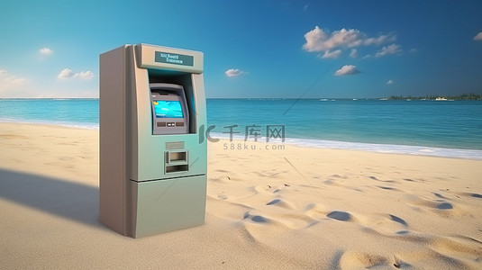 沙滩岛屿背景图片_沙滩上 ATM 存款机的海洋商业技术 3D 渲染