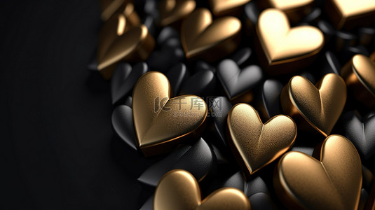强烈的黑色和金色心形在黑色背景上塑造了现代设计 3D 插图象征着爱