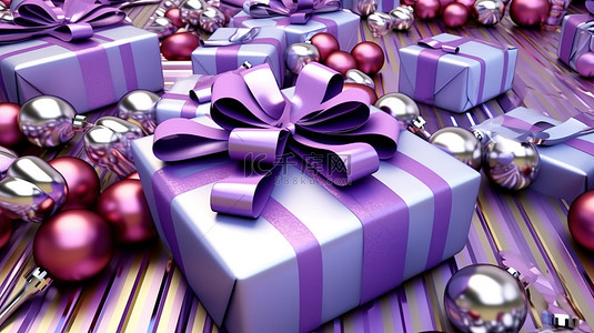 圣诞节节日紫色丝带中的礼品盒球和手杖的 3D 渲染
