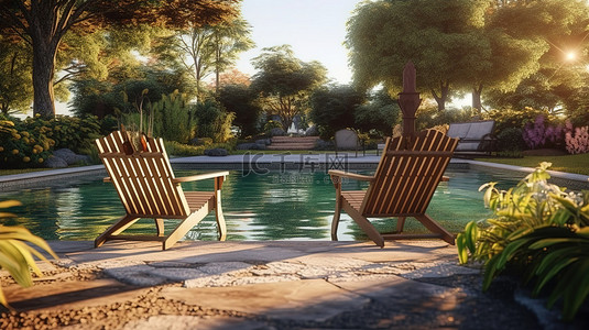 后院草坪背景图片_后院和游泳池的 3D 渲染，可看到草坪椅