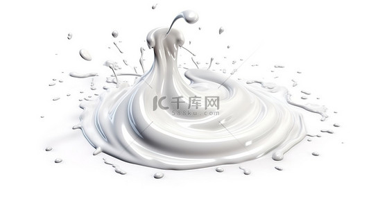 飞溅牛奶液体背景图片_旋转牛奶液体与飞溅在 3D 渲染隔离在白色背景