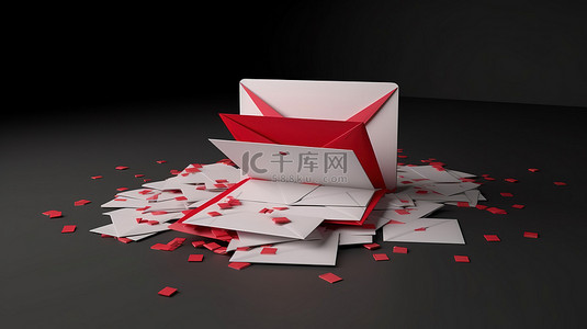 3D 渲染中的一个打开的信封和空白卡位于一堆密封的红色字母上