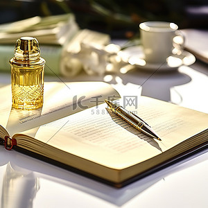 打开的钞箱背景图片_白桌上有笔和书的金笔