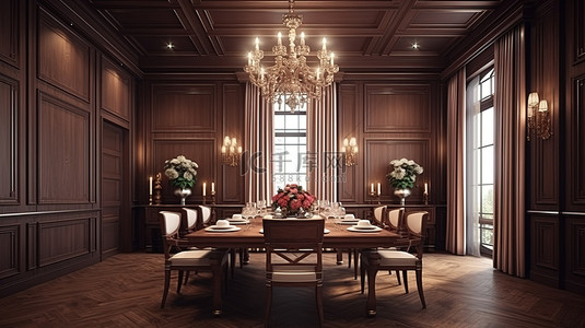 豪华古典餐厅内饰，时尚棕色，引人注目的 3D 渲染