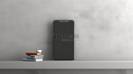 中性灰色架子上显示的时尚手机 3D 渲染水平背景横幅
