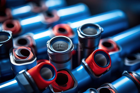 工具蓝色背景图片_蓝色和红色金属管的组件