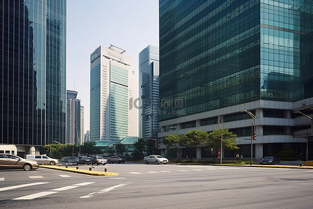 大型户外背景图片_街道上的大型办公楼和车辆