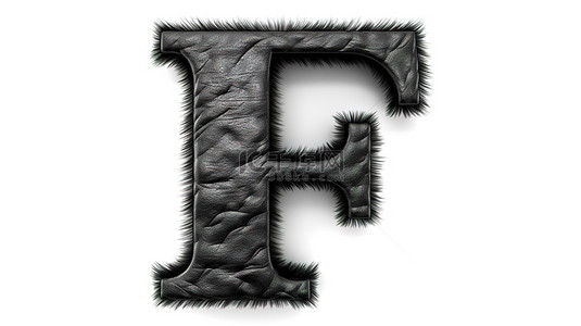 3d 渲染的黑色皮革字体，皮肤纹理在白色背景下显示大写字母 f