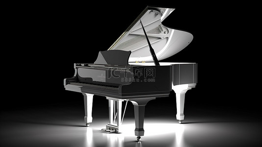 3D 渲染的黑色背景下，明亮的白色钢琴在大量光线中