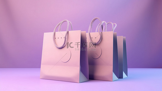 简约风格的折扣促销销售插图三个 3d 渲染的购物袋，在柔和的紫色背景上带有硬币和纸币，非常适合网站横幅