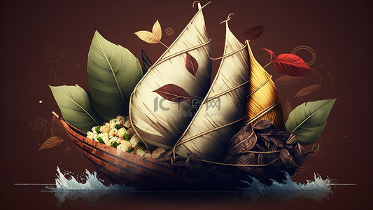 节传统文化背景图片_端午节粽子船只叶子复古