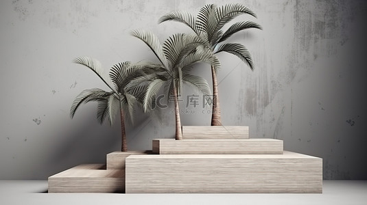 具有棕榈树热带概念的混凝土和木质平台插图