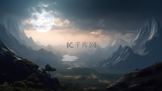 风景夜景背景图片_科幻山风景与地球在 3d 背景