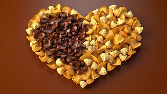 以巧克力和焦糖片为特色的心形 3D 插图
