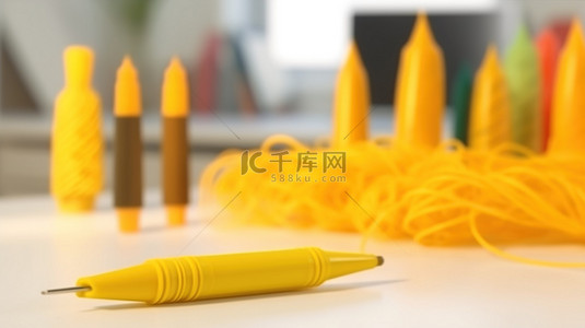 铅笔线背景图片_彩色塑料绞线形成背景，黄色 3D 笔模糊地放在白色桌子上