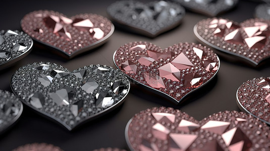 粉色钻石背景图片_3d 渲染的心形和钻石图案的背景与金光闪闪