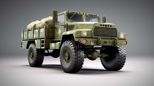 背景上隔离的军用卡车的 3D 渲染插图