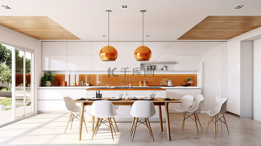 现代家庭厨房的 3D 渲染，配有带椅子的岛