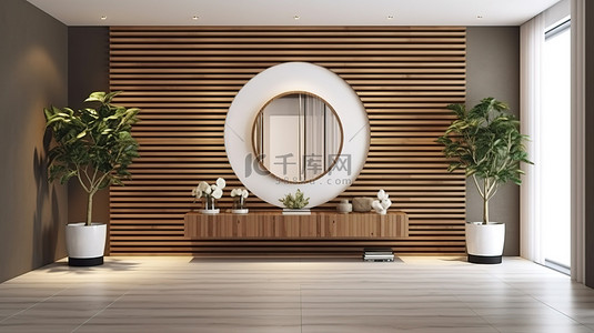 高清墙背景图片_带有中央桌子和装饰品的木板条墙入口大厅的 3D 渲染