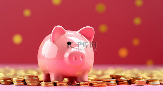粉红色背景的 3D 渲染，带有装满金币的存钱罐，非常适合宣传您的投资和房地产销售