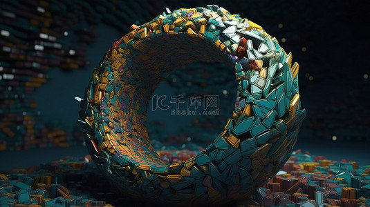 碎片元素背景图片_3D 中的抽象马赛克碎片渲染破碎的环面和带孔的破裂的圆形表面