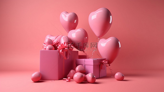 爱情海花背景图片_粉红色惊喜礼品盒和心形气球在粉红色背景下的 3D 渲染
