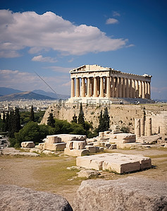 雅典学院背景图片_雅典卫城可以看到古代遗址和石头