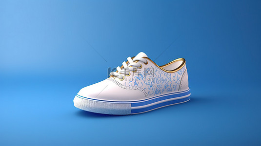 运动服白色背景图片_3d 渲染的蓝色背景上带有闪闪发光的金色鞋带的白色运动鞋