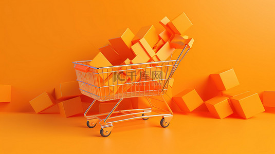 购物车上放置折扣券的礼品盒创意购物概念，以 3D 渲染呈现充满活力的橙色背景