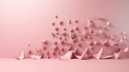 可爱的爱情横幅或贺卡，在柔和的粉红色背景上带有飞行的 3d 心