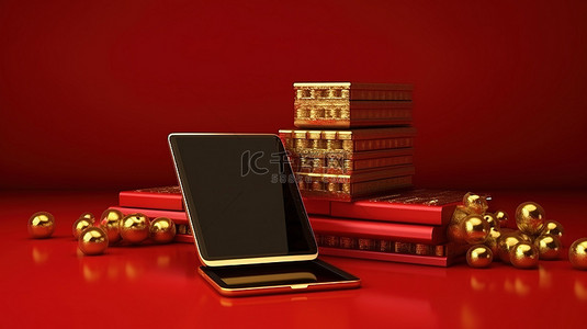中国黄金的 3D 渲染和醒目的红色背景上的平板电脑，用于商业目的