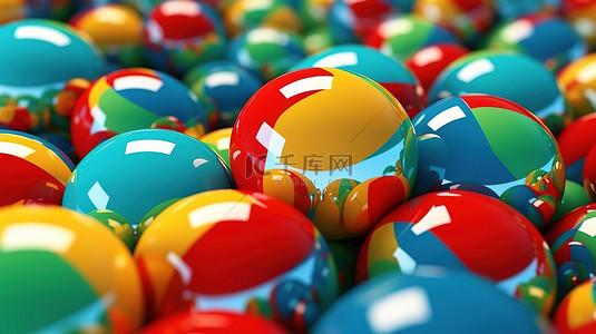 蓝绿红黄色调的抽象圆圈和球的特写 3D 渲染