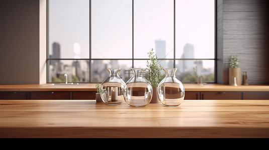 宽敞而现代的豪华厨房，配有空木桌面，用于创意蒙太奇 3D 渲染