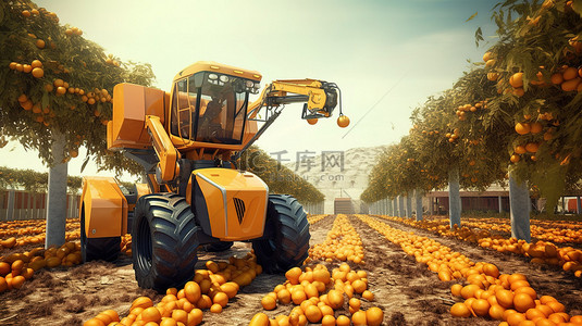 农业机械图标背景图片_创新农业技术3D渲染机器人采摘橙子