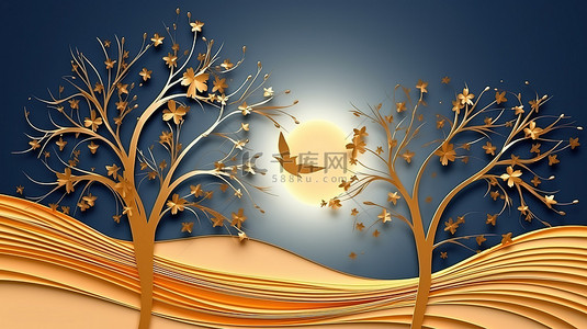 树抽象背景图片_异想天开的 3D 画布艺术，以彩色波浪线月亮金树和飞鸟为特色