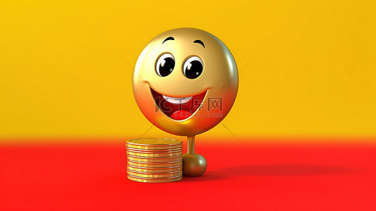 金色爱心背景图片_3D 渲染吉祥物，黄色背景上带有金色忠诚硬币和红心徽章