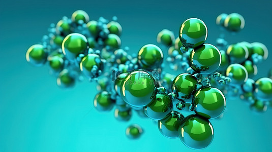 我你背景图片_蓝色背景与浮动绿色氢分子的 3d 插图