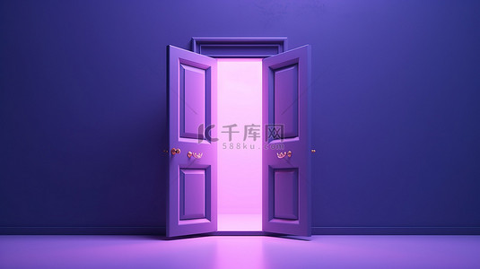 紫色背景房间的照明门口，用于文本 3D 渲染